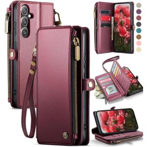 Defencase Compatible with Samsung Galaxy S24 FE Case Wallet with RFID Blocking Card Holder for Women, PU Leather Magnetic Snap Flip Zipper Strap Wallet Phone Case for Galaxy S24 FE 5G 6.7", Wine Red