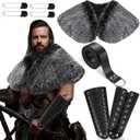 4 Pcs Halloween Viking Costume Set Viking Faux Fur Collar Belt Leather Gauntlet Wristband Medieval Viking Costume (Black Color)