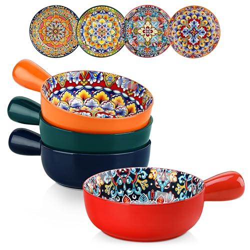 vancasso Soup Bowls with Handles, 23 Oz French Onion Soup Bowls Oven Safe, Bohemian Ceramic Soup Crocks for Cereal, Pasta, Beef Stew, Chilli, Microwave Dishwasher Safe-6.2 inch, Set of 3
