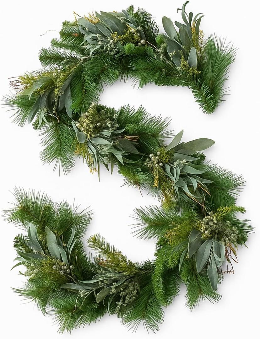 6 ft Artificial Christmas Pine Garland with Eucalyptus and Seeded Faux Greenery Mixed Pine and Eucalyptus Vines Garland Christmas Decorations for Holiday Mantle Fireplace Table Runner Centerpiece