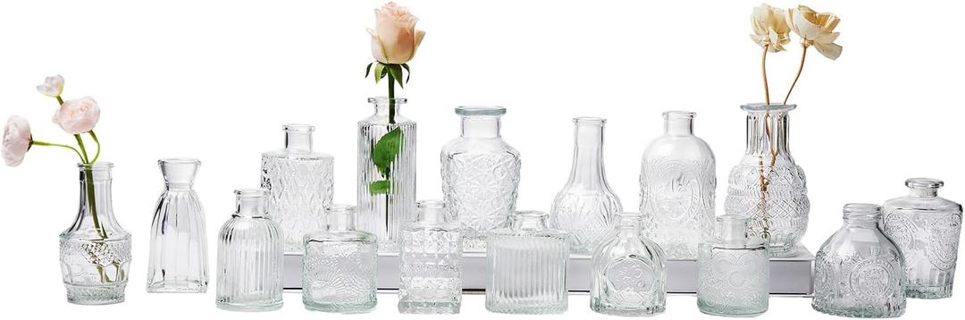 Glass Bud Vase Set of 16, Small Flower Vases, Glass Vases for Centerpieces, Vintage Home Table Decorations Bud Vases (16 Pcs, Clear) (16 Pcs, Clear)
