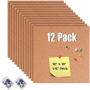 GARDYUE 12 Pack Cork Bulletin Board 12 x 12 Inch - 1/ 2" Thick Cork Board Tiles, Self-Adhesive Frameless Cork Tiles Wall Decor with 100 PCS Pushpins for DIY, Office, School and Home Decor