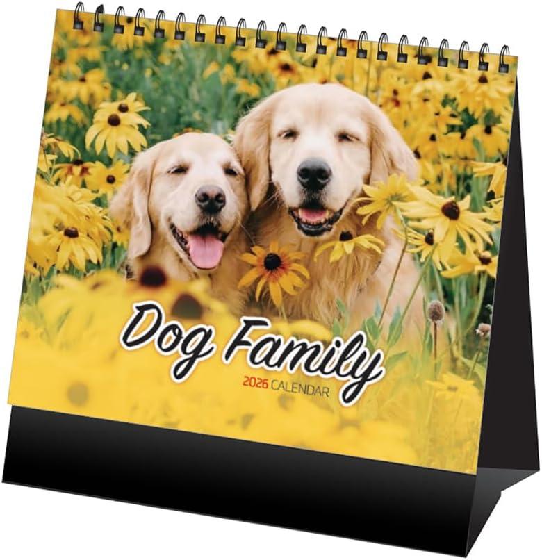 2 x 2026 Desk Calendar & Monthly Planner, Dog Family, Various Dog Breeds and Cute Puppies, Standing Flip, Spiral Binding, Stand-Up Tent,14 Sheets, 8"x 7.9"