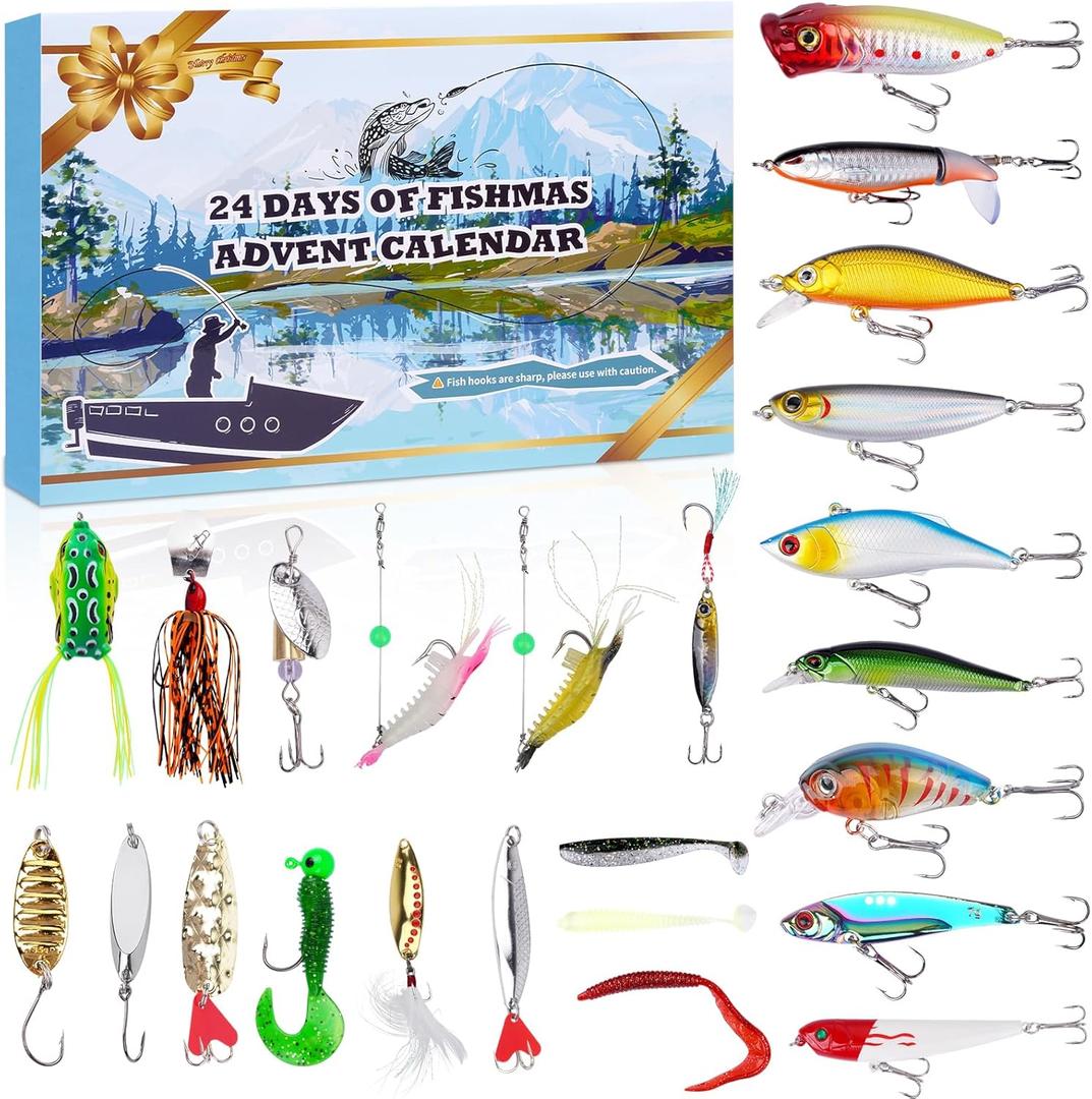Fishing Advent Calendar 2025 for Men,24 Days Tackle Christmas Countdown Calendar for Anglers, Fishing Lures Kit for Fish Lip Gripper, Lures, Hooks, for Dad,Teen Boys