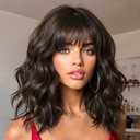 Wavy Wig with Bangs Olive Brown Bob Curly Hair Wigs for Women Realistic Shoulder Length Style Synthetic Heat Resistant Wig Suitable for Wear for Beginners