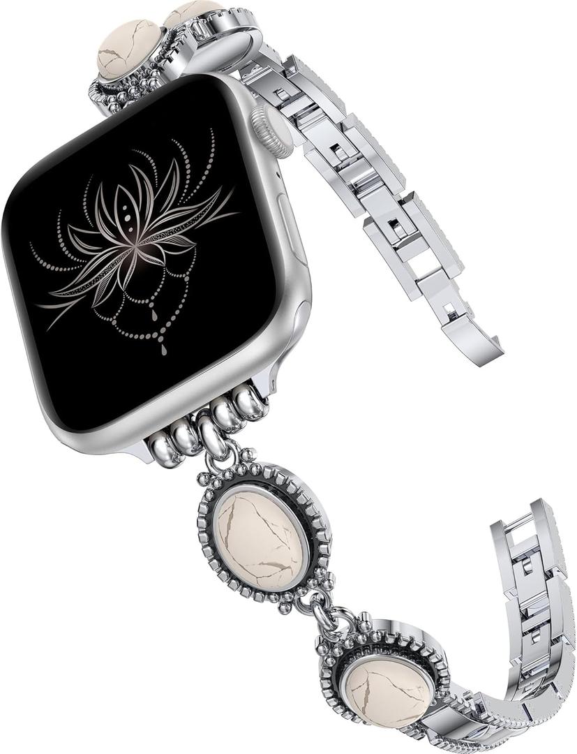 Moolia Turquoise Stone Bracelet Compatible with Apple Watch Band 42/41/40/38/46/45/44/49mm Women Metal Handmade Adjustable Replacement for iWatch Series 11 10 9 8 7 6 5 4 3 2 1 SE/Ultra1/2/3