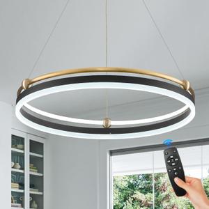 Modern LED Pendant Light 23.6" Black Gold Dimmable Circular LED Chandelier 1 Ring with Remote, Round Hanging Light for Kitchen Island Dining Room Living Room Foyer Entryway, 2-Ring Lighting