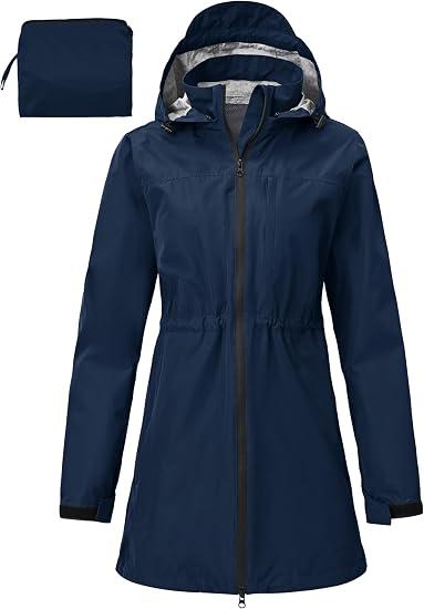 MoFiz Rain Jacket Women With Hood Waterproof Long Packable Rain Coat Lightweight Windbreaker Jacket Adjustable Drawstring at Waist for Travel Commuting Hiking Navy Blue 2XL
