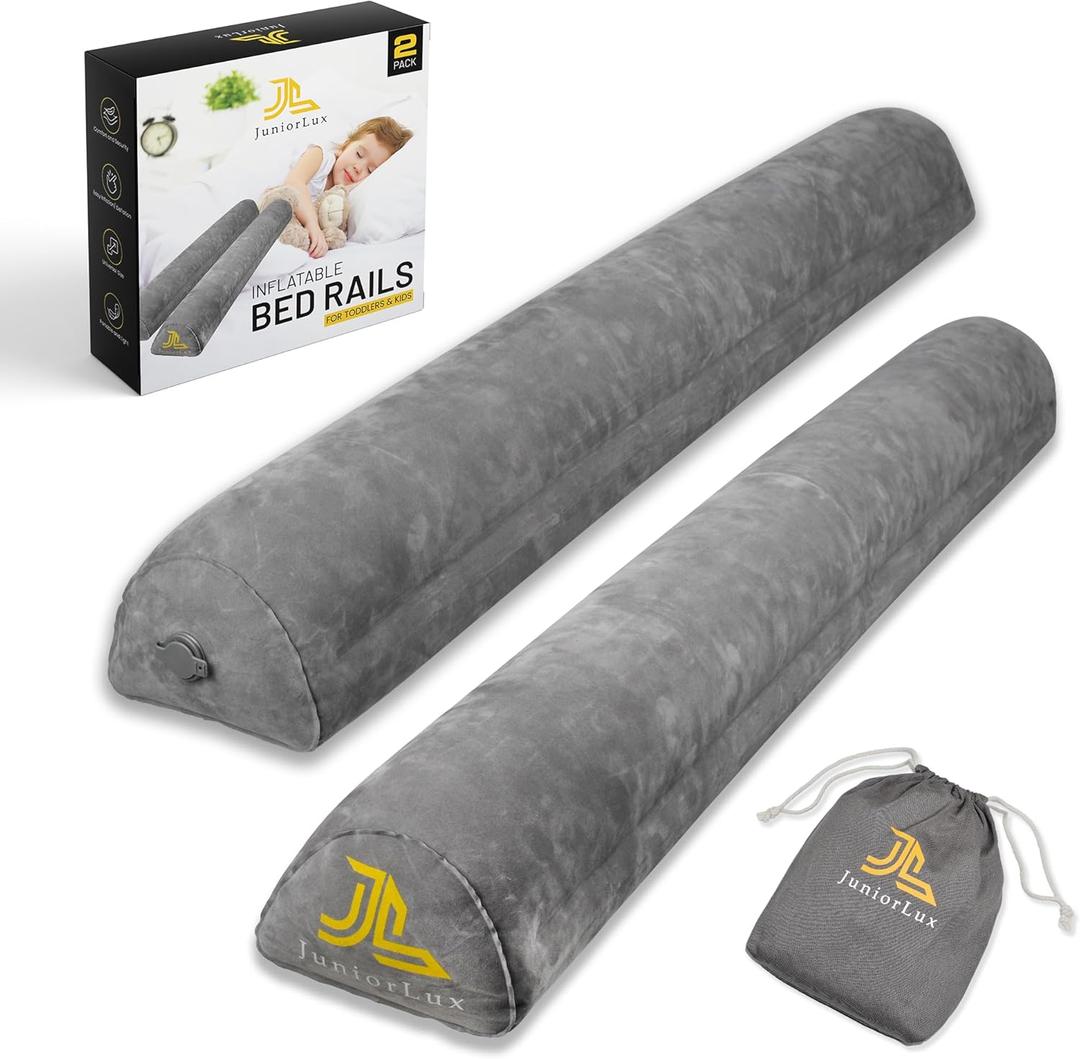 Inflatable Bed Rails for Toddlers & Kids (2-Pack) | Portable Blow-Up Travel and Home Bed Bumpers Non-Slip Safety Guard for King, Queen, Full Sizes, Grey