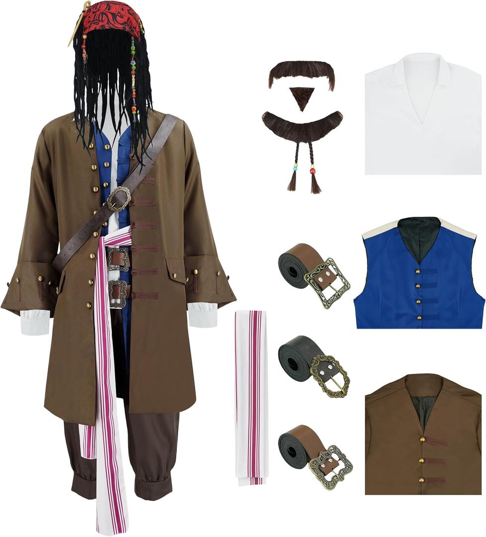 Men Pirate Costume Jack Sparrow Coat Vest Sash Pants Belt Goatee Beads Halloween Renaissance Party Outfit Brown (Medium)