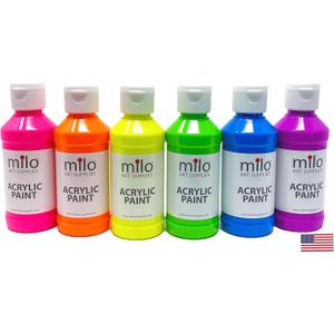 milo Fluorescent Acrylic Paint Set of 6 Colors | 4 oz Bottles | Student Neon Colors Acrylics Painting Pack | Made in the USA | Non-Toxic Art & Craft Paints for Artists, Kids, & Hobby Painters