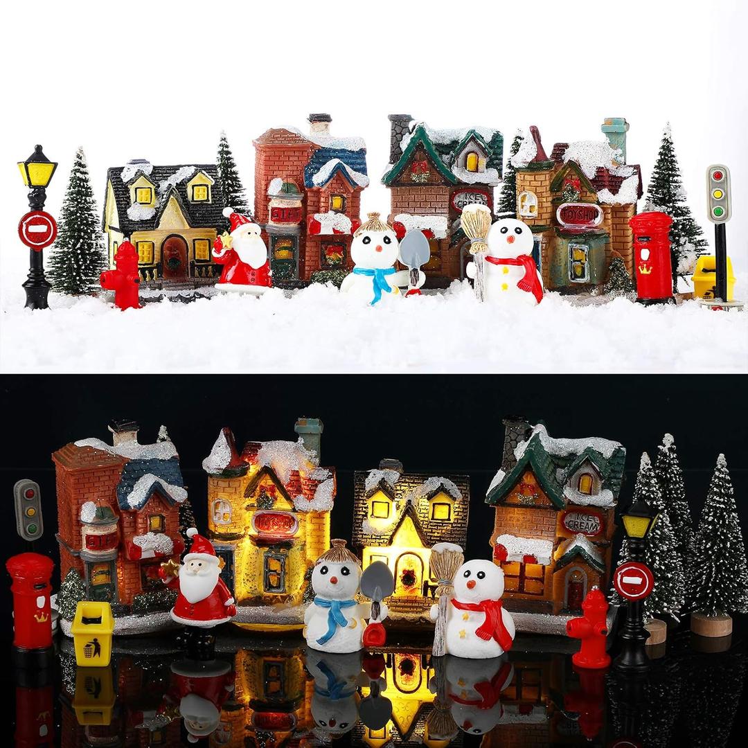 16 Pieces Christmas Village Houses Set LED Light up Christmas Town Figurines Mini Accessories Snow Snowman Santa Xmas Tree City Scene Desktop Ornaments Battery Operated Buildings Landscape Decor