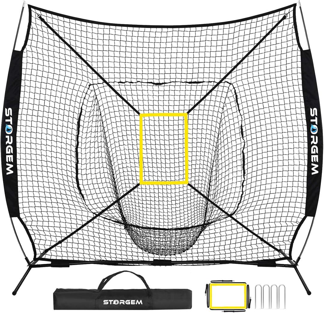 Storgem Baseball and Softball Practice Net 77ft Portable Hitting Pitching Batting Training Net Baseball Backstop Net with Batting Tee and Strike Zone and Bow Frame