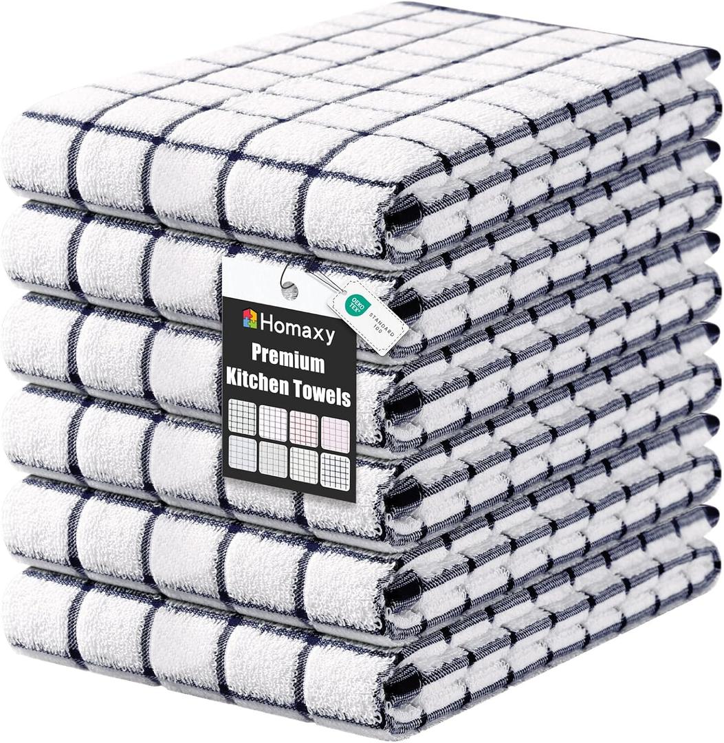 Homaxy Premium Kitchen Towels(16”x 28”, 6 Pack), Check Design, Dusty Blue