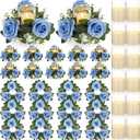 Yunlly 12 Pcs Rose Candle Rings with Flameless Candles Sets, Artificial Flower Eucalyptus Wedding Centerpiece 3 Inch Pillar Candleholders Wreaths for Wedding Party Mother's Day (Blue)