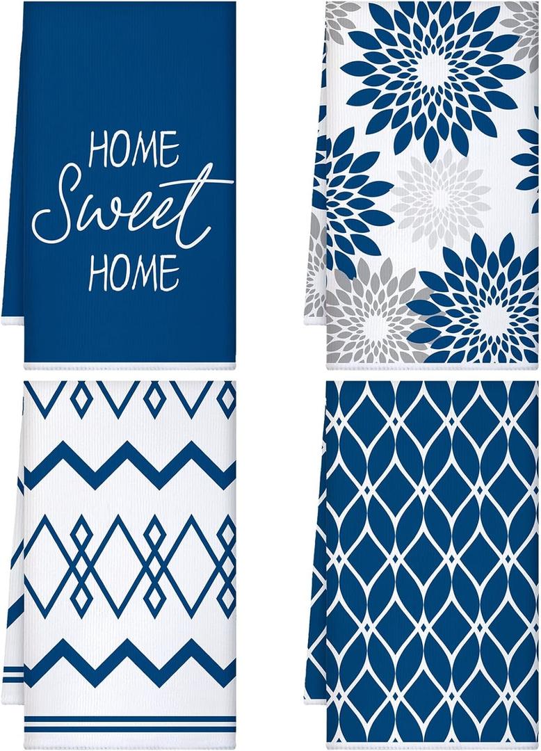 Kajaia 4 Pcs Blue Kitchen Towels Floral Dish Cloths Geometric Tea Towel Winter Decorative Boho Hand Towels Absorbent Plaid Dishcloths Kitchen Accessories for Christmas Home Bathroom Housewarming Gifts