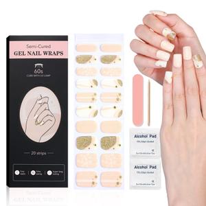 2 Packs WOKOTO 20 Tips Christmas Semi-Cured Gel Nail Strips Wraps With 2 Prep Pads Nail File And Wood Stick Christmas Celebration Gold Glitter Nail Polish Stickers For Women Girls Gel Nail Strips Set