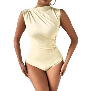 Milumia Women's Ruched Tank Top Sleeveless Mock Neck Bodysuit Fitted Jumpsuit Tops (Butter Yellow)