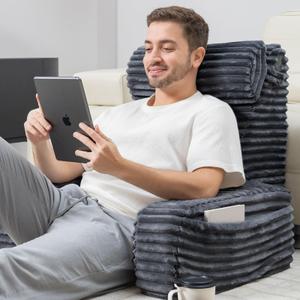 ENITYA Reading Pillow for Sitting in Bed Adult, 24in XXL Back Pillow for Bed Sitting up, Big Pockets & Built-in Arms, Back Support Chair Pillow for Watching TV/Reading/Gaming/Resting/Post Surgery,Grey
