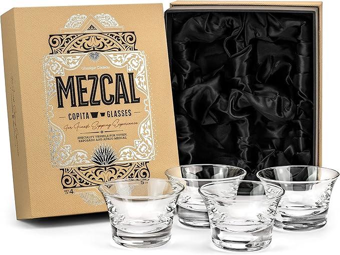 Mezcal and Spirits Sipping Glasses | Tequila Tasting Collection | Set of 4 | 5 oz Crystal Tasting and Drinking Glassware Copitas for Joven, Reposado, Anejo Mezcals | Stemless Liquor Sippers
