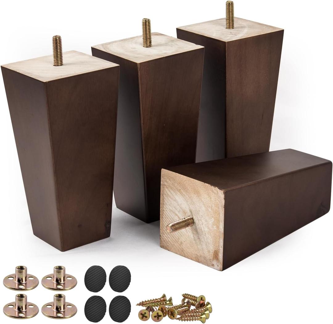 6 inch Solid Wood Furniture Legs, 4Pcs Mid-Century Modern Wooden Pyramid Replacement Feet with Threaded 5/16'' Hanger Bolts & Mounting Plate & Screws for Sofa Couch Chair Recliner