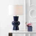 JONATHAN Y 28.5" Navy Ceramic Table Lamp for Living Room Bedroom Nightstand, Modern Hourglass LED Bedside Lamp with Crystal Base and Linen Shade (JYL4027B)