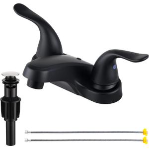 Bathroom Sink Faucets 2/3 Hole,Matte Black Dual Handles 4 inch Plastic Plating Over Bathroom Faucet with Pop-up Drain and 2 Supply Hoses for Apartment Rvs Sink Vanity