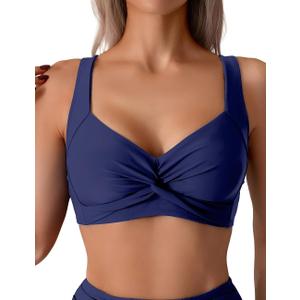 Tainehs Women's Push Up Bikini Top Twist Front V Neck Swimsuit Top Wide Shoulder Straps Bathing Suit Top (Large)