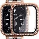 Mosonio Compatible for Apple Watch 41mm with Screen Protectors Case Women, Jewelry Bracelet Metal Bands with 2Pack Bling Case Cover for 41mm iWatch Series 9 8 7(Rose Gold Link with White Leather)