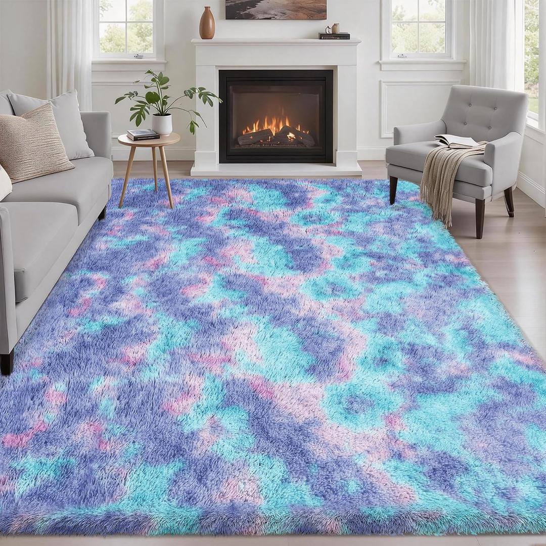 Fluffy 5x7 Area Rugs for Living Room Bedroom: Ultra Soft Shag Rug Non-Slip Non-Shedding Small Plush Bedside Rug Indoor Floor Carpets for Kids Room Playroom Entryway Nursery Dorms Home Rainbow Purple