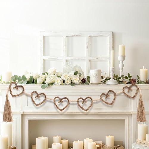 ARQRHTLY Heart Garland with Tassels 4.92 Ft Farmhouse Wood Beads Garland Vintage Rustic Boho Rattan Heart Wreath Wedding Bridal Shower Hanging Decorations for Mantel Fireplace Wall Home Decor