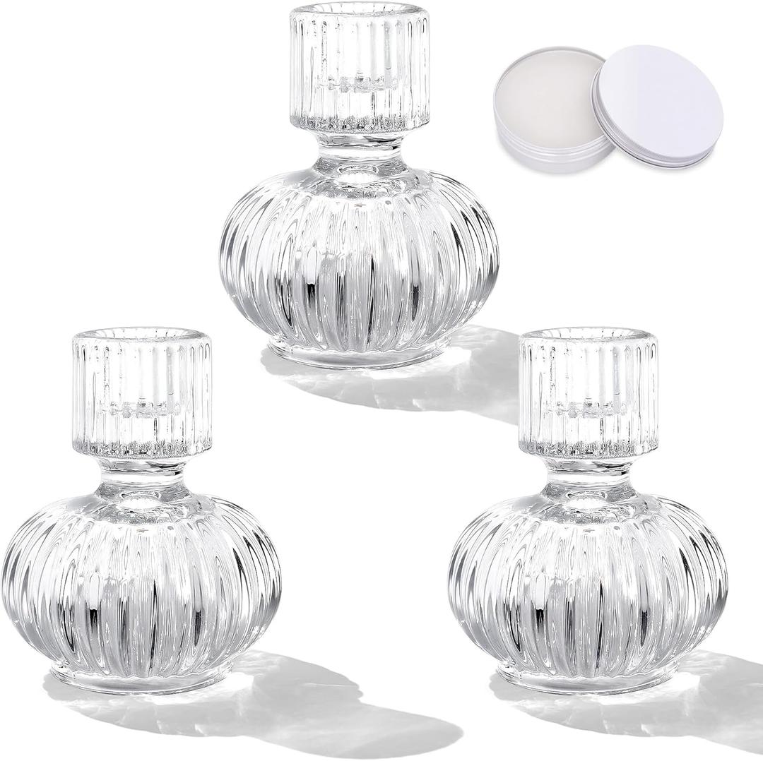 Glass Candlestick Holders Set of 3, Reversible Taper Candle Holders with Adhesive Wax, Ribbed Lantern Design Crystal Votive & Tealight Holder for Table Centerpieces Wedding Party Decor