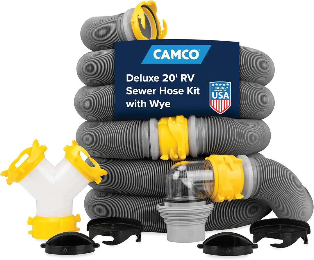 Camco Deluxe 20' Sewer Hose Kit with Swivel Fittings and Wye Connector - Ready To Use Kit Complete with Sewer Wye and Elbow Fittings, Hoses, and Storage Caps (39666)