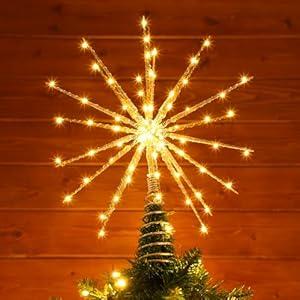 Meonum 16in Christmas Tree Topper with LED Light, 25 of 100 Lights Twinkle, Christmas Tree Star Topper for Christmas Tree Decor, Universal Size for Any Tree, Lightweight & Easy to Install(Golden)