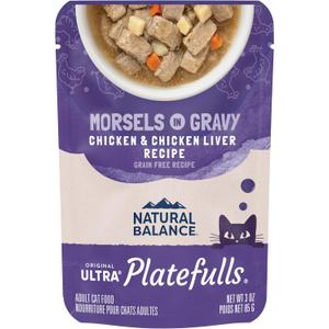 Natural Balance Original Ultra Platefulls Indoor Adult Grain Free Wet Cat Food, Chicken & Chicken Liver Recipe, 3 Ounce Pouch (Pack of 24) BB: 12/17/27