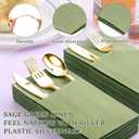 Tioncy 25 Pack Gold Plastic Silverware Set with Napkins, Linen Touch Napkins and Plastic Cutlery Set Gold Disposable Dinnerware with Forks Spoons Knives(Sage Green)