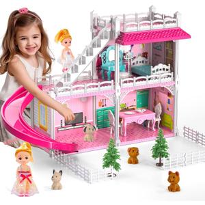 Doloowee DIY Dollshouse for Girls 4-8 - 2-Story House with 3 Themed Rooms, 2 Dolls, 4 Dogs, Slide & Yard - Dolls House Toys for Imaginative Play