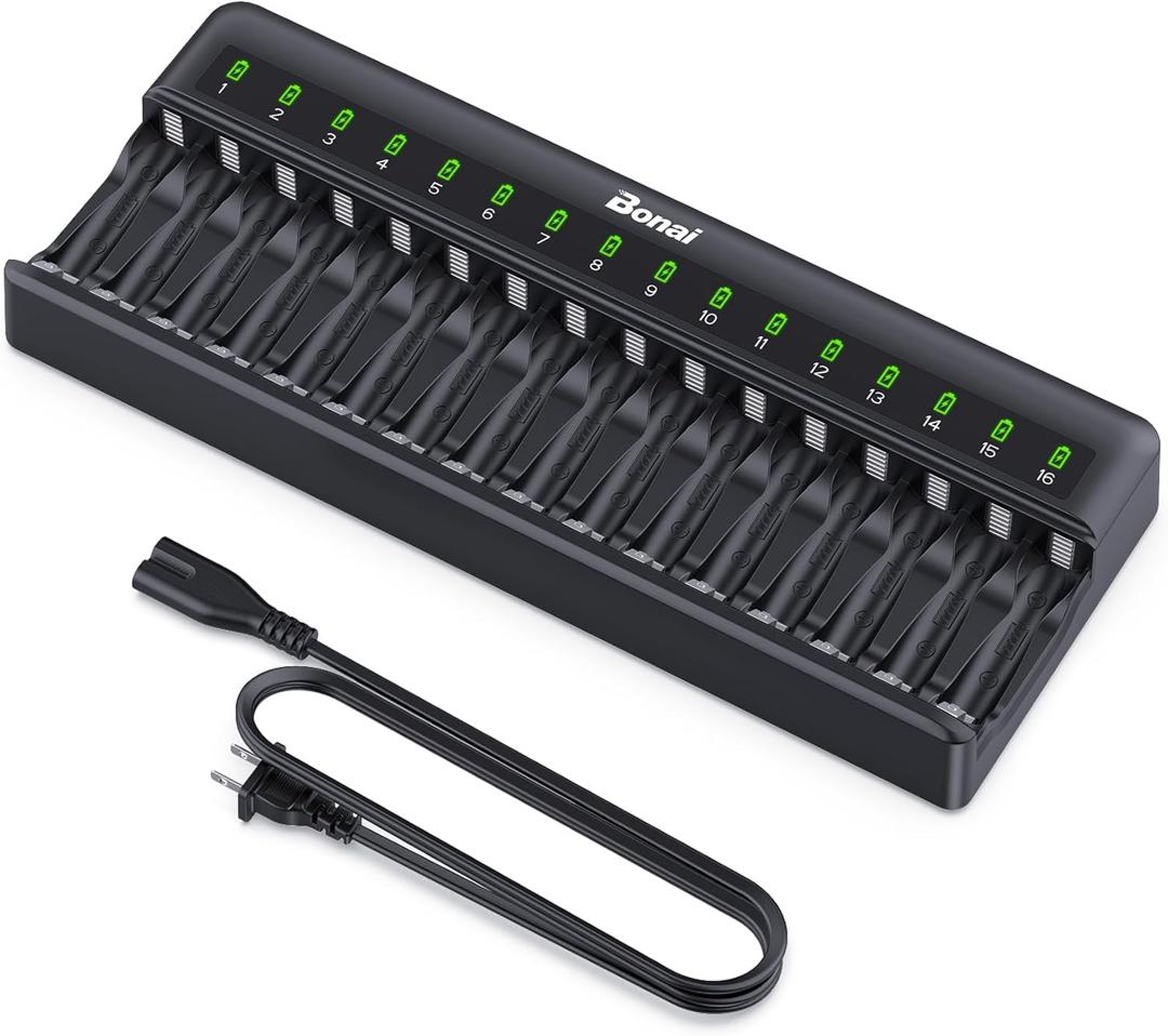 BONAI AA AAA Battery Charger 16 Bay for NiMH Rechargeable Batteries Independent Control with LED Light and Standard American AC Charging Plug, Battery not Included - Black