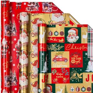MAYPLUSS Reversible Christmas Wrapping Paper Rolls - 17" X 120" Per Roll - Classic Vintage Funky Red Santa Claus Wrap Present Paper for Festive Celebrations
