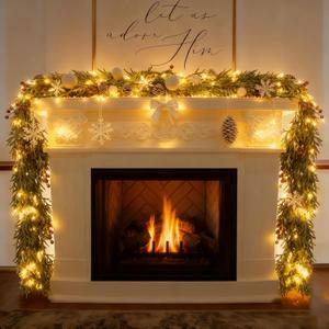 6FT Christmas Garland with Lights, Pre-Lit Artificial Pine Garland with Red Berries, Lighted Flocked Garland for Table Mantle Fireplace Door Stairs Windows Wall Indoor Outdoor Holiday Christmas Decor