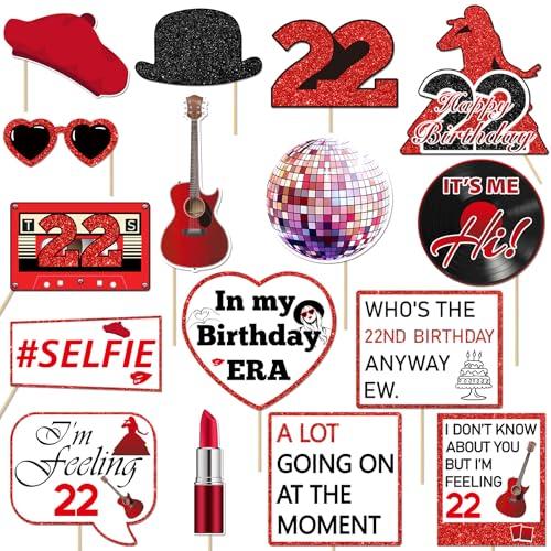 22nd Birthday Photo Booth Props for Girls Women, 16Pcs Large Size Birthday Decorations Red Photo Booth Frame, I'm Feeling 22 Bday Table Centerpieces Decorations