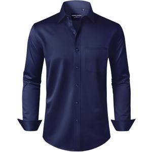 Alimens & Gentle Men's Dress Shirts Long Sleeve Wrinkle-Free Stretch Shirts Solid Formal Button Down Shirt with Pocket (3X-Large, Navy Blue)