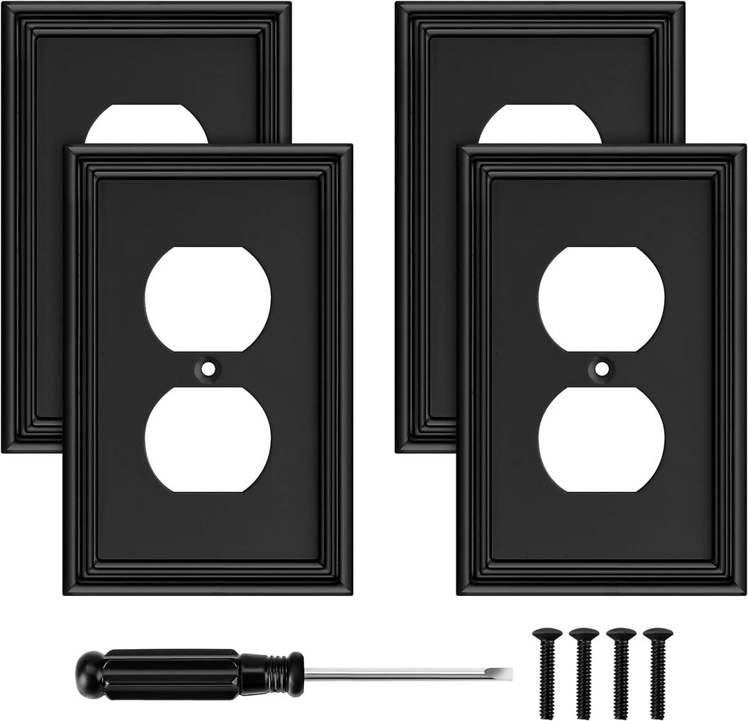 Black Modern Decorative Outlet Covers Wall Plate Electrical Switch Plates and Receptacle Outlet Covers Bamboo Fiber Material Wall Plates for Kitchen Bathroom (1 Gang Duplex Outlet-4 Pack)