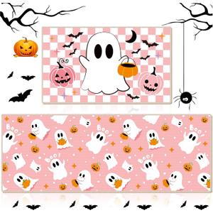 Duraaamo Set of 2 Halloween Ghost Kitchen Mats Pink Cute Halloween Bathroom Rug Non Slip Floor Mat for Kitchen Vintage Farmhouse Indoor Outdoor