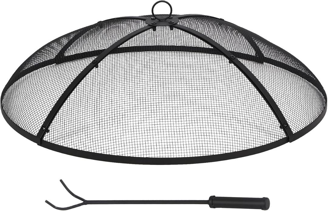 Lineslife Fire Pit Spark Screen, Fire Pit Screen 30 Inch Round with Handle & Poker, Heavy Duty Collapsible Outdoor Fire Pit Mesh Screens, Metal Firepit Lid for Patio Backyard Beach RV Camping, Black
