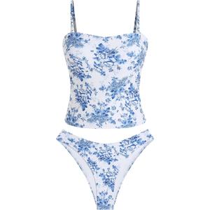 ZAFUL Women's Floral Tankini Swimsuits Bandeau Tummy Control High Cut Tankini Set Two Piece Bathing Suit(1-Blue, M)