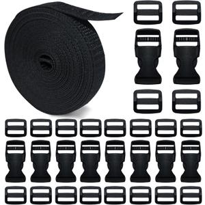 Buckles Straps 5/8 Inch, Nylon Webbing Straps 6 Yards + 10 PCS Quick Side Release Plastic Buckles + 20 PCS Tri-Glide Slide Clip, No Sewing Required Heavy Duty Durable, Dog Collars Replacement.