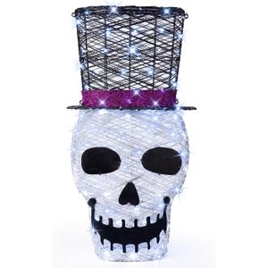 36" Lighted Skull with Top Hat,100 LED Prelit Skull Outdoor Halloween Decor