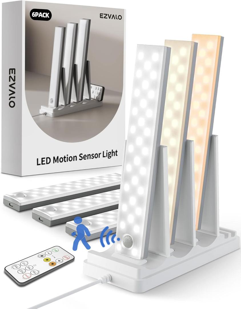 EZVALO 6-Pack Under Cabinet Lighting with Charging Station, 2000mAh Rechargeable Wireless Motion Sensor Lights, 3 Color Temps, Dimmable, Timer, Magnetic, with Remote Control for Kitchen, Closet, Stair EZVALO 6-Pack Under Cabinet Lighting with Charging Station, 2000mAh Rechargeable Wireless Motion Sensor Lights, 3 Color Temps, Dimmable, Timer, Magnetic, with Remote Control for Kitchen, Closet, Stair