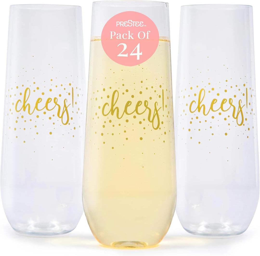 Prestee 24 Pack Stemless Plastic Champagne Flutes - 9 Oz Disposable Cheers Toast Cups for New Year's Eve - Shatterproof Drinkware for Cocktails, and Mimosa Bar Supplies